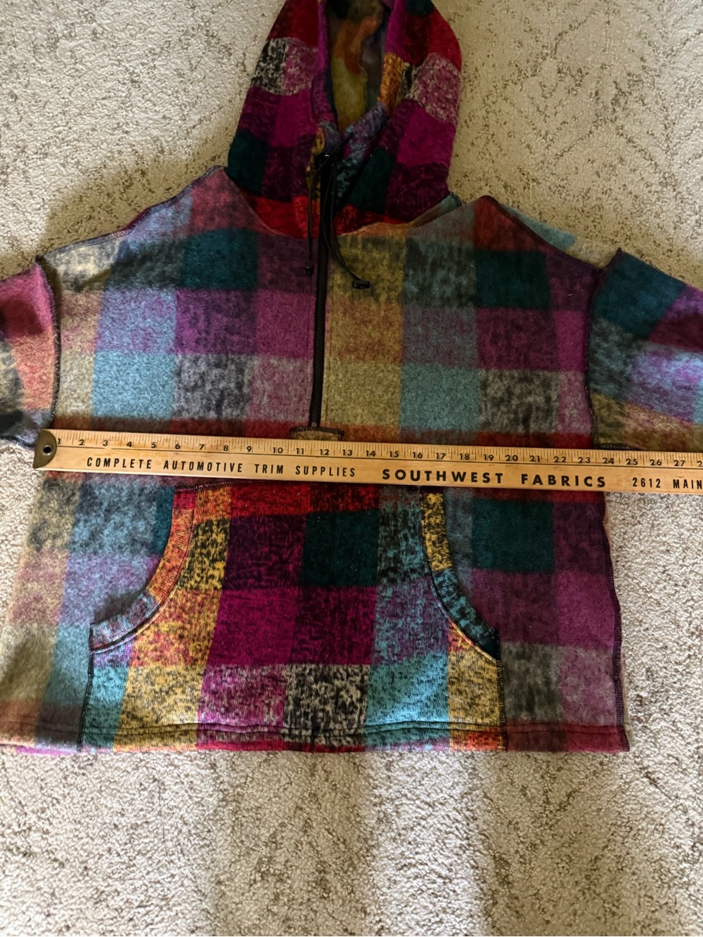 Plaid Multicolor Half-Zip Hoodie Sweatshirt - Pink Teal Mustard - Picture 10 of 15